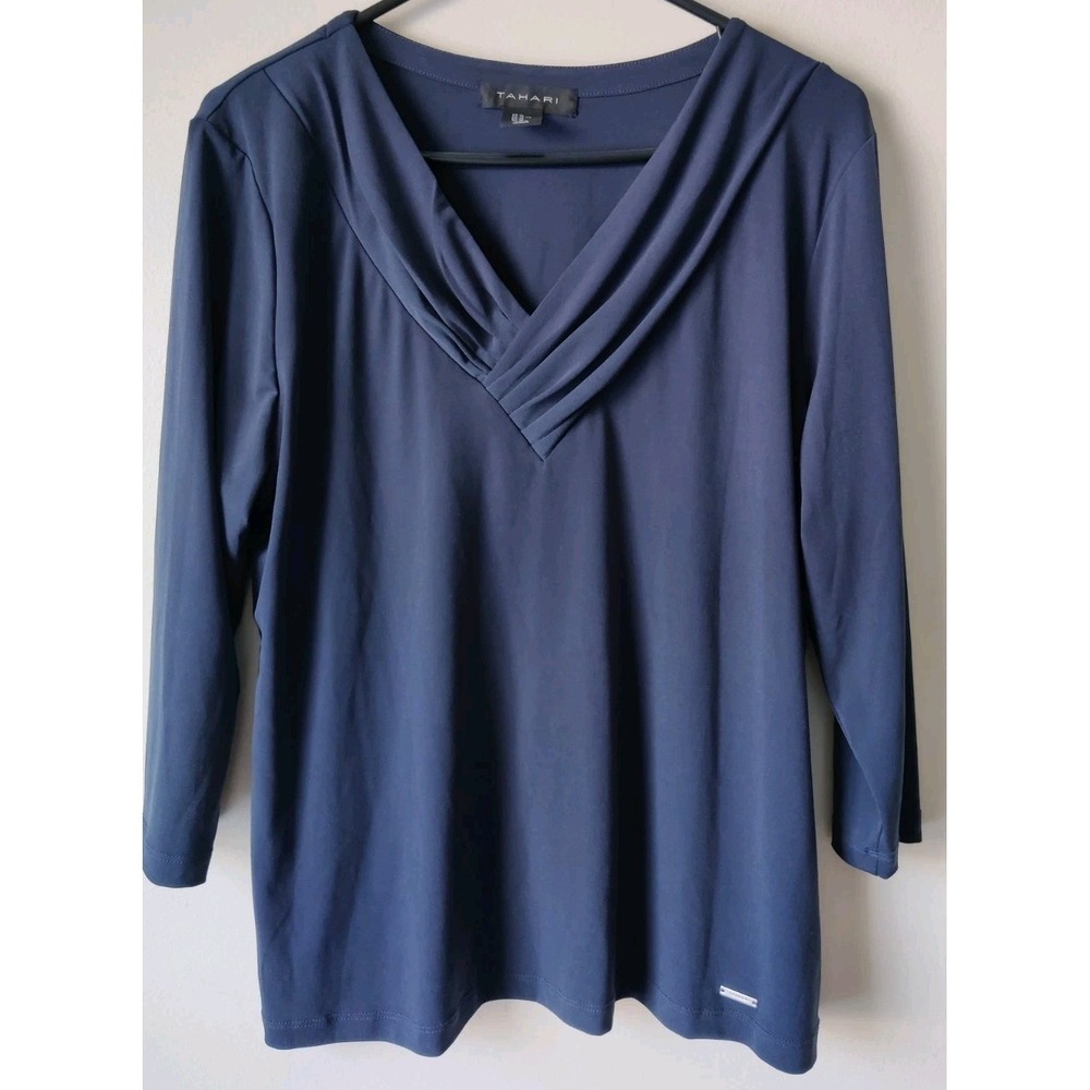 Tahari Women's Long Sleeve Top Draped V-Neck Pleated Detailing Navy Blue Size XL